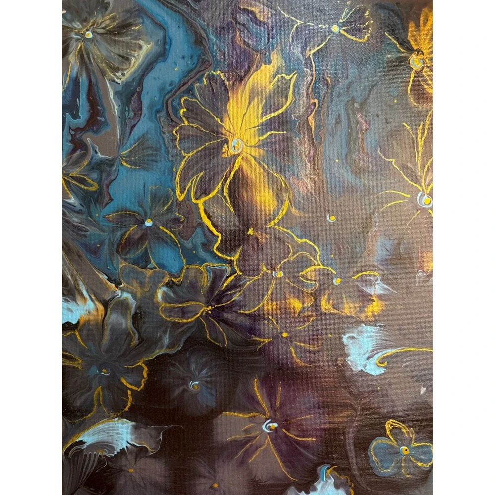 Abstract Floral Fluid Painting 10x20 Blue Gold Excellent Acrylic Pour Mixd media